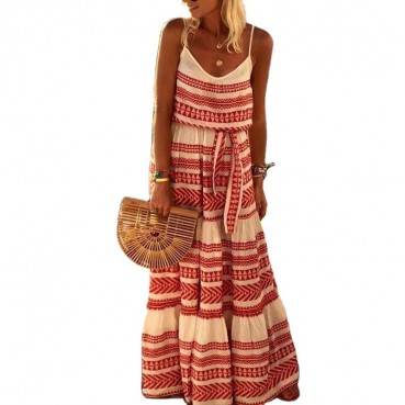 European and American new style women's bohemian style deep V-neck printed beach holiday style suspender skirt