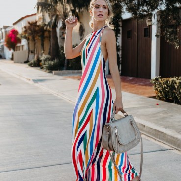 European and American summer new style hanging neck sleeveless V-neck halter line printing dress