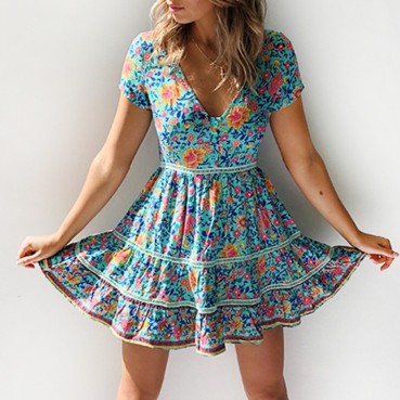 Summer new style women's European and American sexy v-neck floral print beach dress
