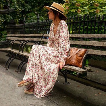 New bohemian rayon printed floral ruffled deep V-neck and large hem long dress 116