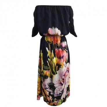 New printed one-shoulder elastic waist five-point sleeve long dress for women