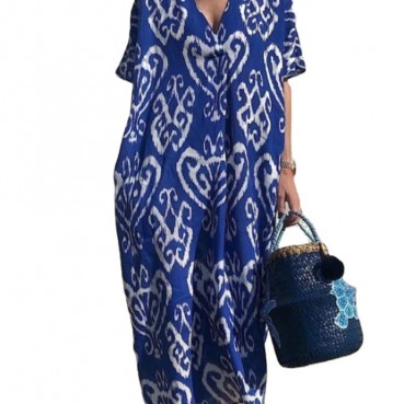 European and American fast selling summer new women's dress hot sale positioning printing V-neck short-sleeved long skirt