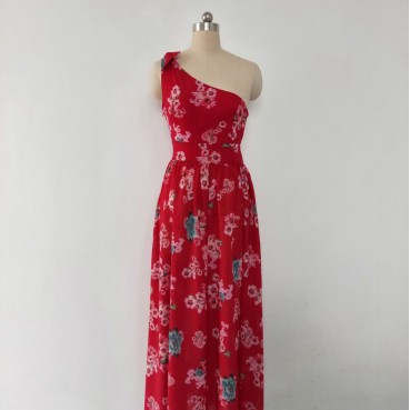 European and American vacation sloping shoulder bowknot long skirt new source printing dress