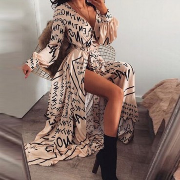 Women's hot-selling letter print sexy dress with waist slit