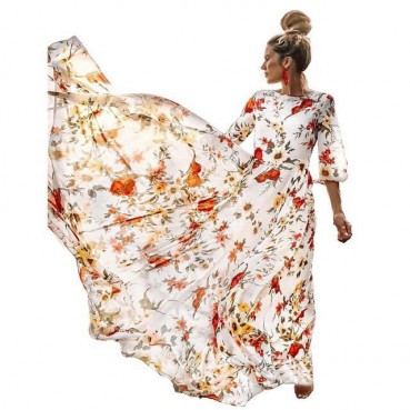 Spring and Autumn Women's New Style Bohemian Printed Chiffon Long Skirt Round Neck Sleeve Large Sleeve Waist Waist Dress