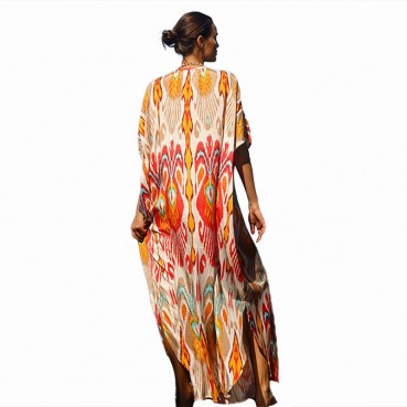New Retro Printed Bat Sleeve V-neck Vacation Bohemian Loose Robe Dress