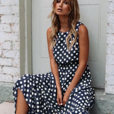 New Summer Beach Fashion All-match Print Polka Dot Round Neck and Swing Long Dress