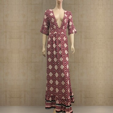 New European and American sexy V-neck ruffled short-sleeved geometric ladies long dress