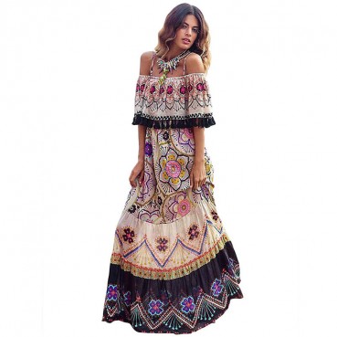New European and American women's bohemian print dress, one-word strapless beach holiday skirt