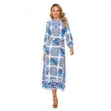 Bohemian Beach Dress European and American Women's Blue and White Porcelain Evening Dress Printed Dress