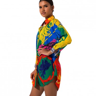European and American long-sleeved printed shirts, mid-length loose blouses, irregular hem blouses