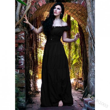 Medieval women's European and American one-shoulder solid color long sexy dress