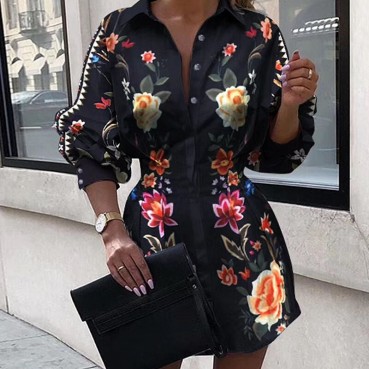 European and American new fashion printed waist shirt lantern sleeve shirt