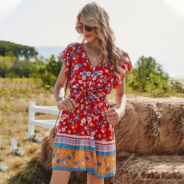 2021 new bohemian women's dress with lace V-neck rayon printed women's dress