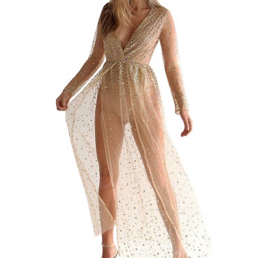 New fluorescent color European and American deep v perspective split nightclub sexy dress