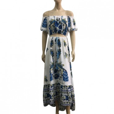 New bohemian print one-shoulder fringed short-sleeved dress long skirt