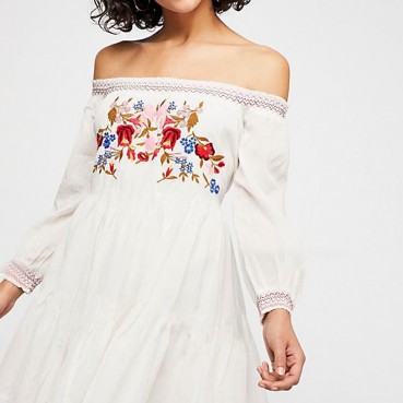 European and American new FREPEO bohemian flower embroidery one-shoulder shirt skirt female summer