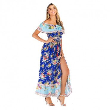 Spring and summer new women's clothing bohemian beach holiday style short-sleeved pleated print dress