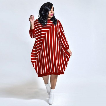 Autumn new independent stand European and American striped loose large size long-sleeved pocket dress