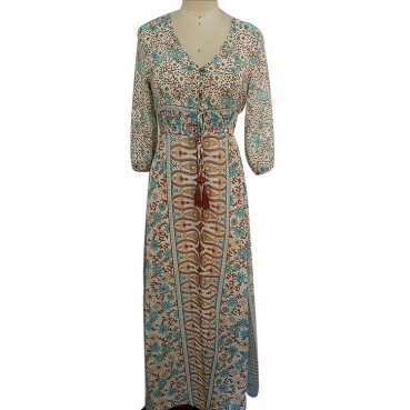 Summer new style European and American printing three-quarter sleeve elastic waist V-neck chiffon sexy female dress 137