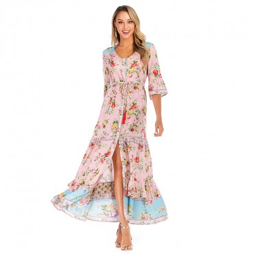 Spring and summer new women's dress with bohemian beach holiday style pleated print dress