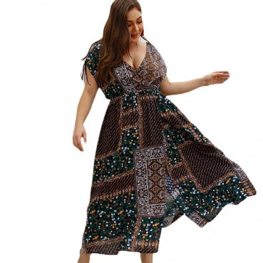 Women's 2021 spring and summer new bohemian short-sleeved lace-up dress
