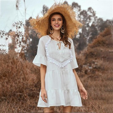 New year's new solid color stitching ruffled fringed neckline lace flared sleeve dress MP-642