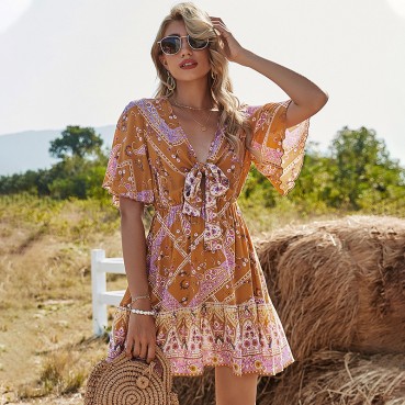 2021 spring romantic bowknot a-line skirt with V-neck holiday print dress female