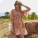 2021 spring romantic bowknot a-line skirt with V-neck holiday print dress female