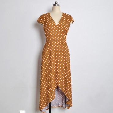 European and American new style V-neck polka dot chiffon dress leisure vacation bohemian split beach long skirt