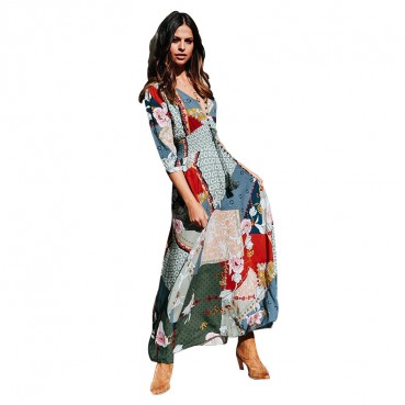 European and American Bohemian Printed V-neck Buttons Three-quarter Sleeves Large Sleeve Dress Long Dress