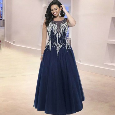 European Station New Evening Dress Fashion Luxury Embroidered Diamond Slim Sleeveless Mesh Long Dress mp218