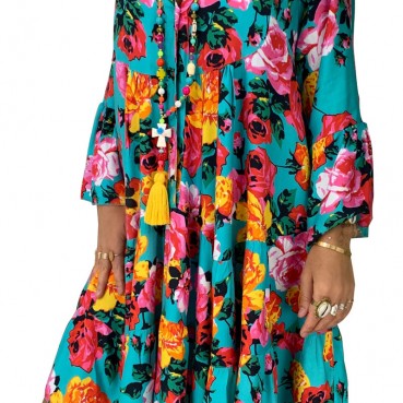 New style printed long-sleeved large-length dress European and American women's fashion plus size dress