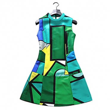 European and American summer new dresses Digital print stand-up collar sleeveless women's A-line dress