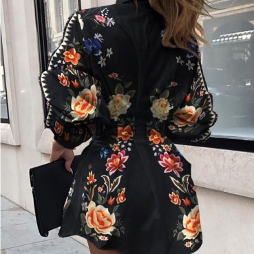 European and American new fashion printed waist shirt lantern sleeve shirt