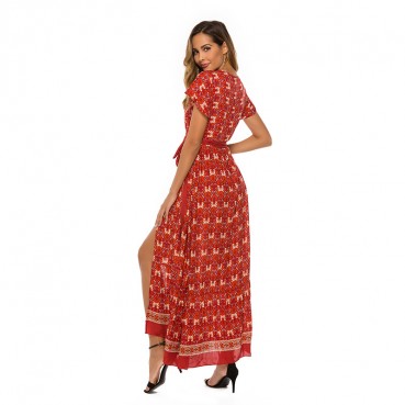 European and American women's summer new style printed split V-neck short-sleeved dress