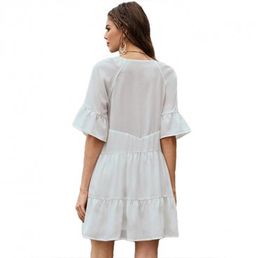 New year's new solid color stitching ruffled fringed neckline lace flared sleeve dress MP-642