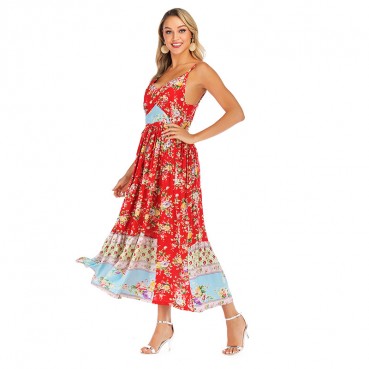 Spring and summer new women's dress with bohemian beach holiday style pleated print suspender dress