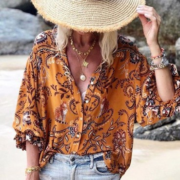 Spring and summer ruffled long-sleeved new European and American print loose and versatile fashion single-breasted top