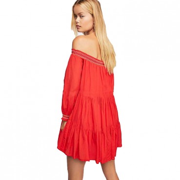 European and American new FREPEO bohemian flower embroidery one-shoulder shirt skirt female summer
