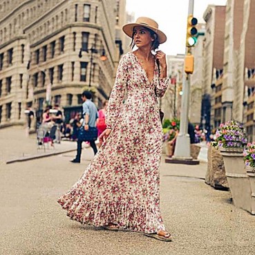 New bohemian rayon printed floral ruffled deep V-neck and large hem long dress 116
