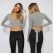 New European and American bowknot long-sleeved crossover short cropped v-neck T-shirt bottoming shirt