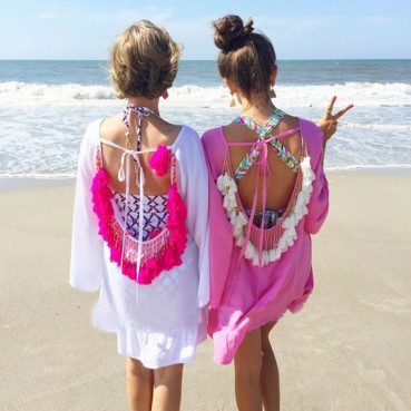 Summer European and American fringed sexy backless chiffon bead sunscreen beach beach dress