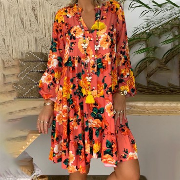 New style printed long-sleeved large-length dress European and American women's fashion plus size dress