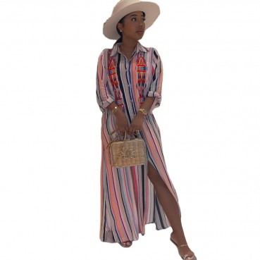 New fashion color long stripe printing casual long shirt dress
