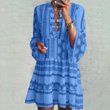 Women's Bohemian Flared Sleeve Stand Collar New Nine-Sleeve Splicing Dress