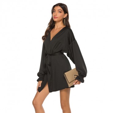 European and American sexy puff sleeve v-neck long-sleeved blouse lace dress for women