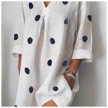 Spring and summer linen loose V-neck print nine-quarter sleeves slit dress