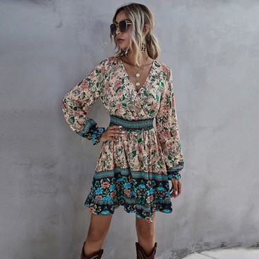European and American women's high waist ruffled A-line skirt casual temperament bohemian print dress