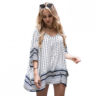 New black and white fashion geometric loose short-sleeved butterfly tassel lace-up women's blouse